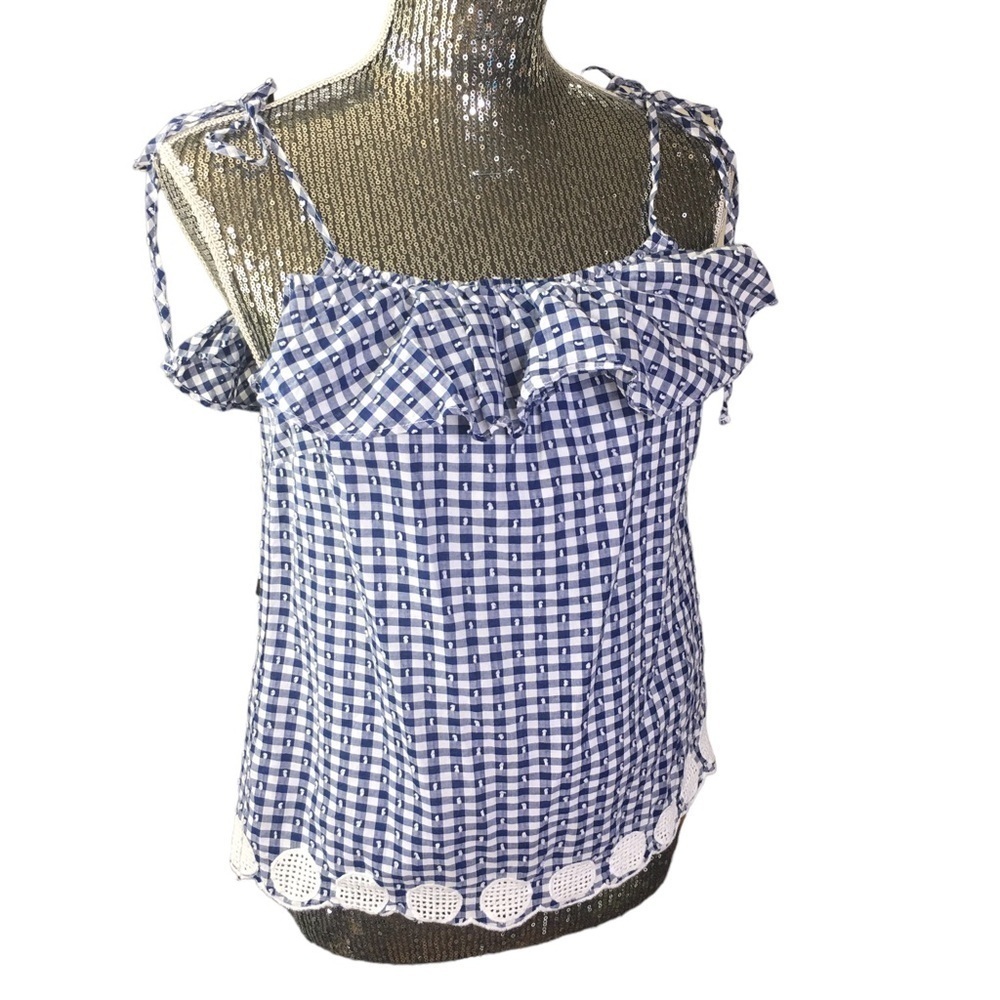J.Crew Gingham plaid checkered ruffle eyelet tie shoulder top size 6 blue white